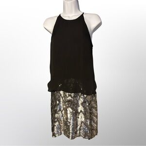 Parker Black Silk Halter Top Metal Sequined Beaded Mini Dress NWOT
